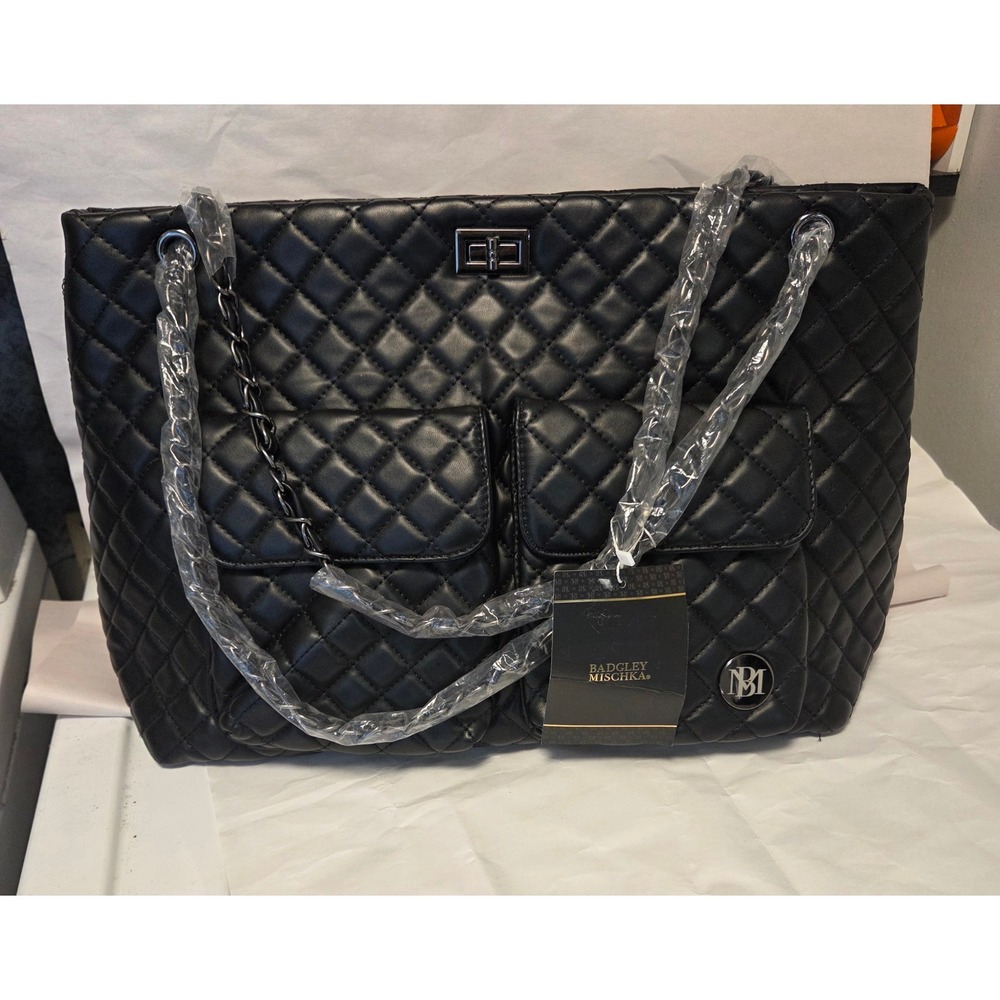 Badgley Mischka Weekender Travel Bag Black Quilted Tote Silver Hardware NEW